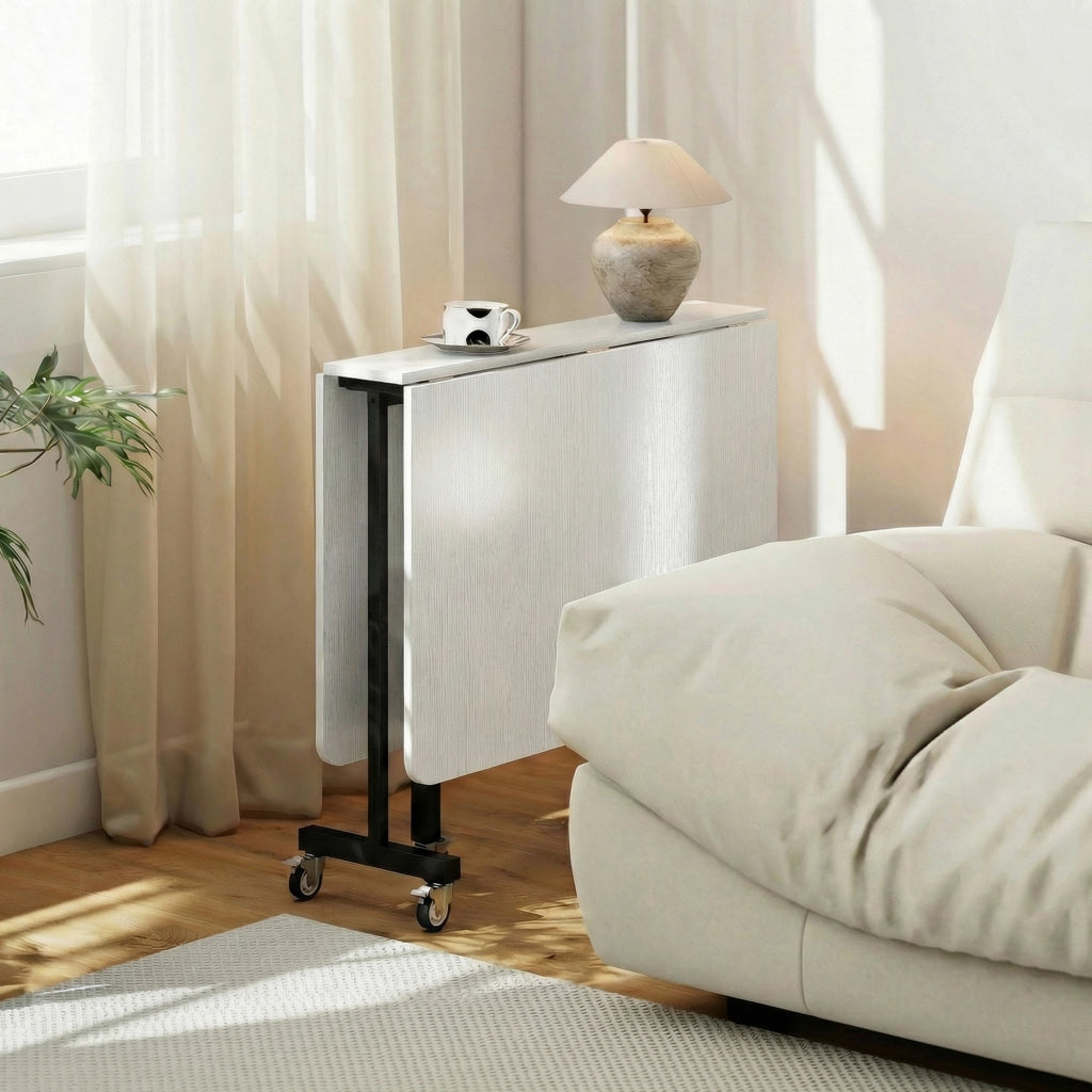 Tavolo Pieghevole per 4-6 Persone 120x80x73 cm con 2 Ribalte e Ruote con Freno Struttura in Acciaio Bianco Legno