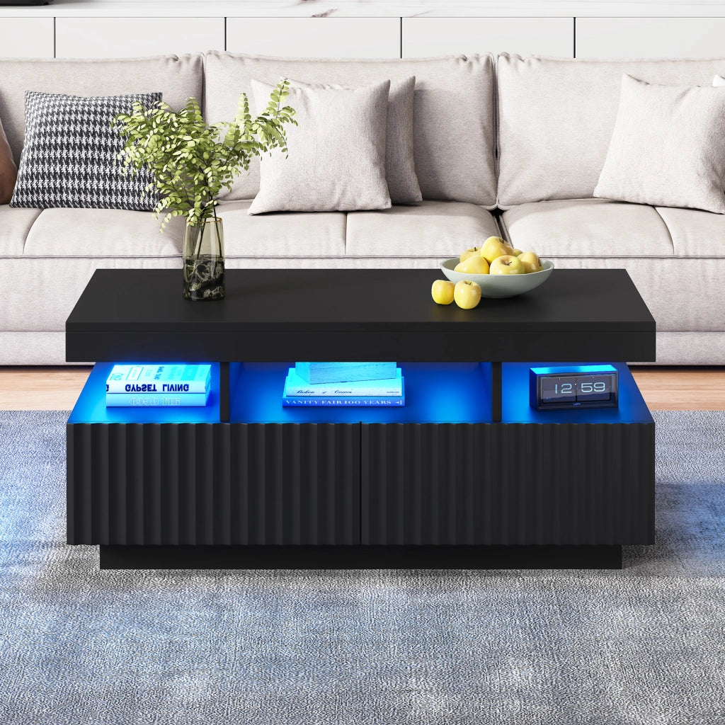 TAVOLINO DA CAFFÈ 100 x 50 x 45 cm Nero con LED e 2 cassetti