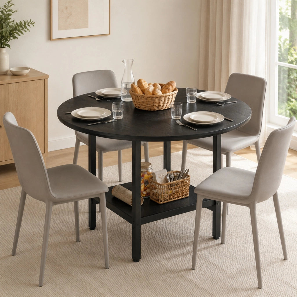 Tavolo da pranzo rotondo con ripiano contenitore in MDF e metallo nero per cucina e sala da pranzo 100 × 100 × 77 cm