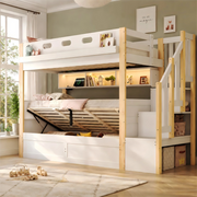 Letto a castello 90 × 200 cm e 90 × 200 cm con contenitore idraulico, scala contenitore, luci led, USB, senza materasso, bianco