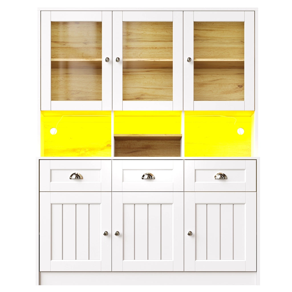 OKWISH Credenza da cucina alta con 6 ante e 3 cassetti, ripiani regolabili e LED, per cucina, MDF, 140 x 40 x 175 cm
