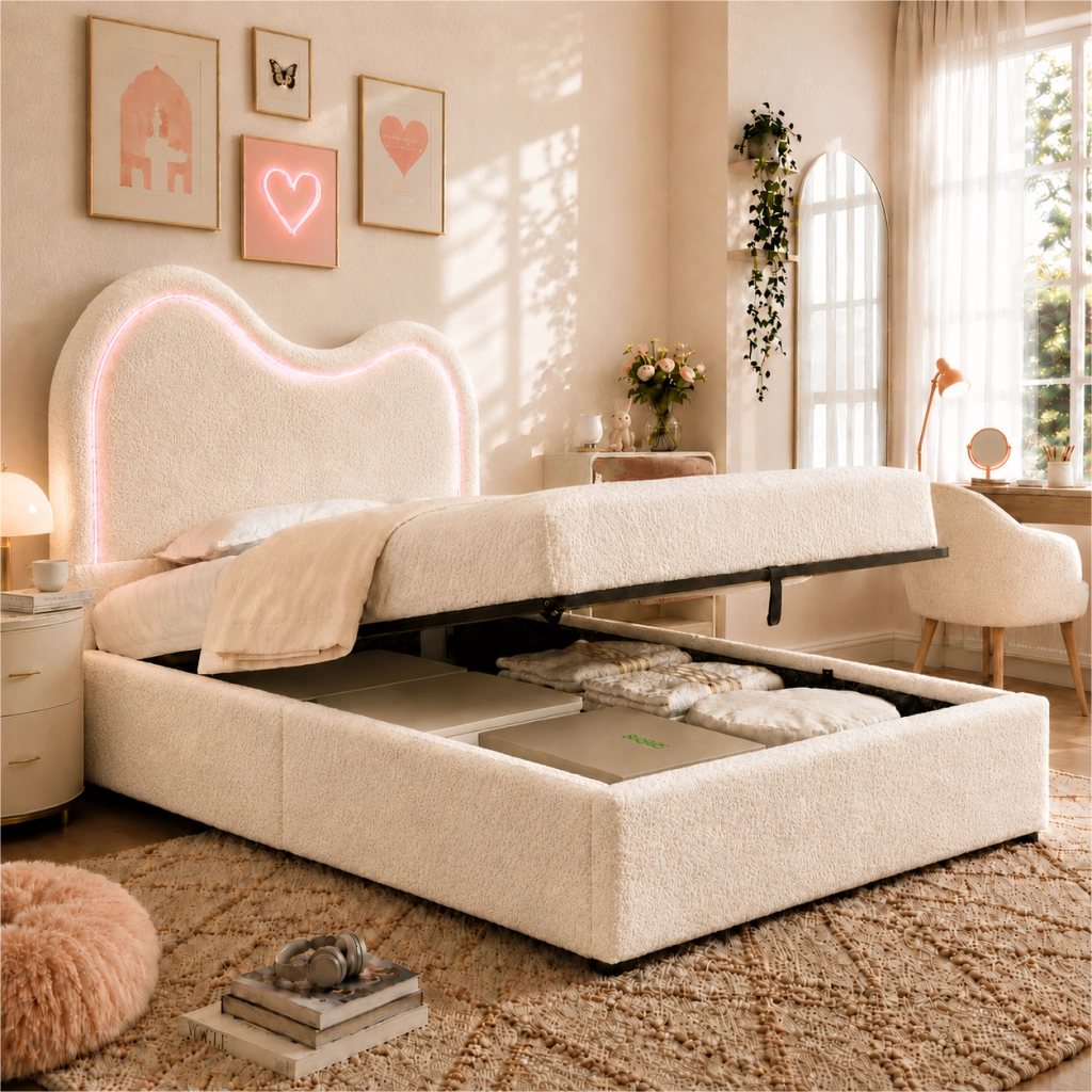 Letto imbottito 90x200 cm con contenitore e LED in bouclé bianco
