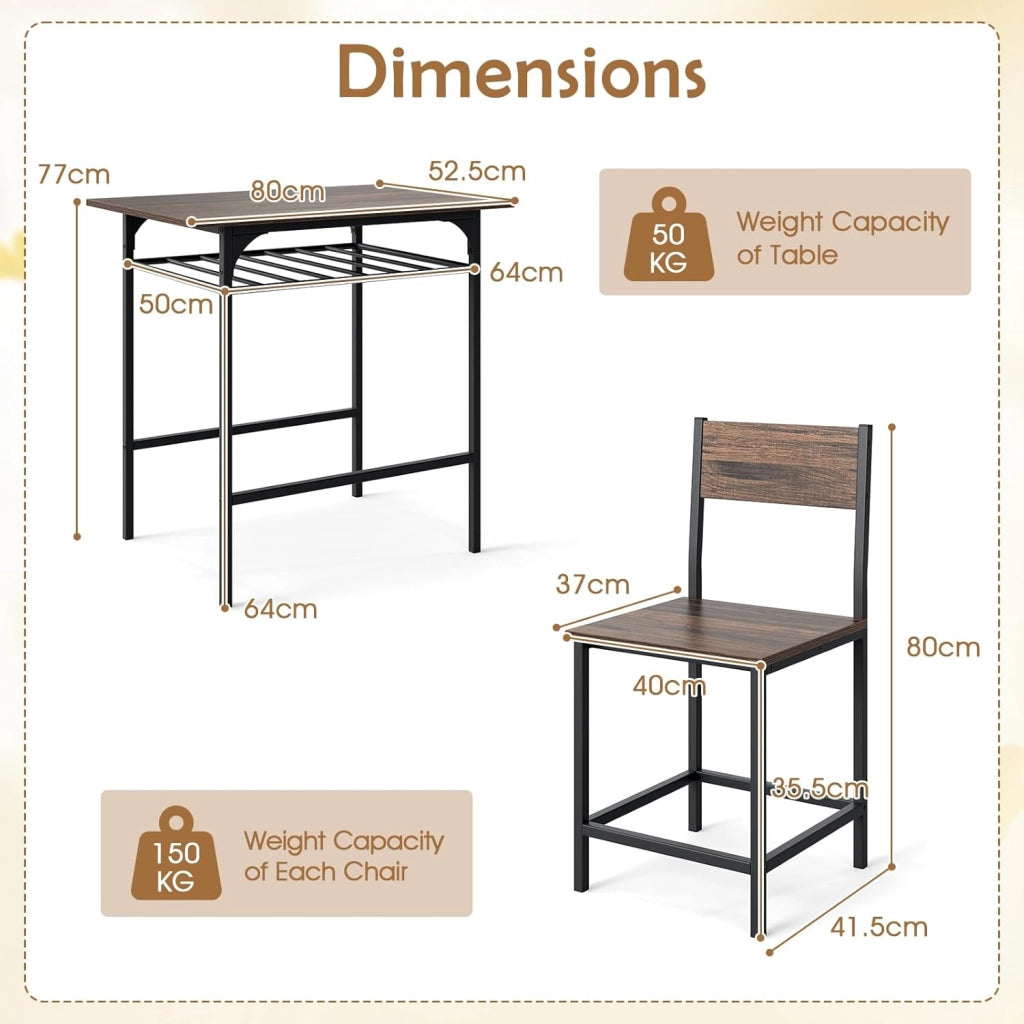 Set da pranzo 3 pezzi, tavolo da pranzo con ripiano per bottiglie e 2 sedie con schienale, design compatto, stile industriale, tavolo da colazione per 2 persone (marrone)