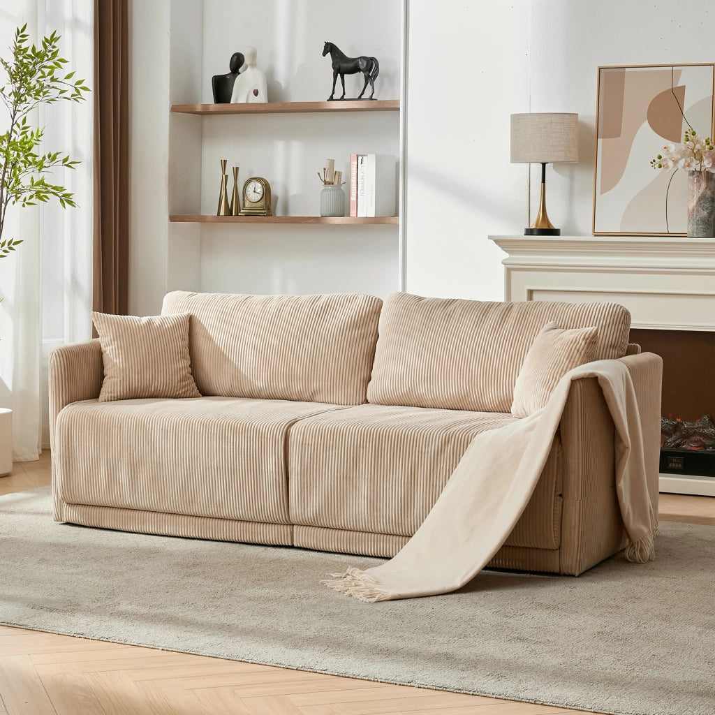Divano convertibile in tessuto con funzione letto e cuscini imbottiti per soggiorno ufficio e studio beige