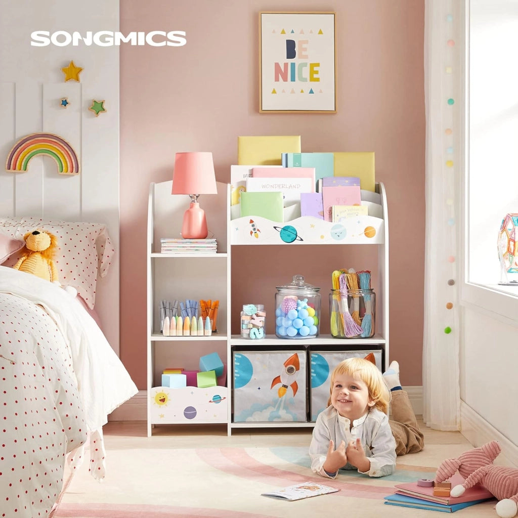SONGMICS Organizzatore per Giocattoli, Libreria per Bambini, Scaffale Multifunzionale con 2 Scatole Portaoggetti, Alta Capacita, per Camera dei Giochi, Camera da Letto, Soggiorno, Bianco GKR42WT