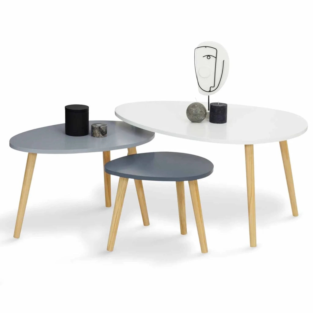 IDMarket - Set di 3 tavolini nidificanti GAIA laccati bianchi e grigi in stile scandinavo