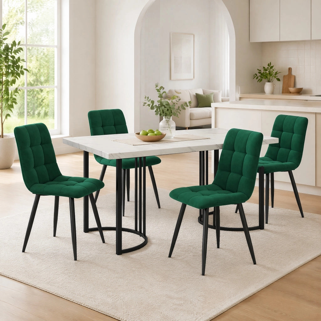 Set da pranzo 140x80 cm con tavolo effetto marmo; sedie in velluto; MDF bianco