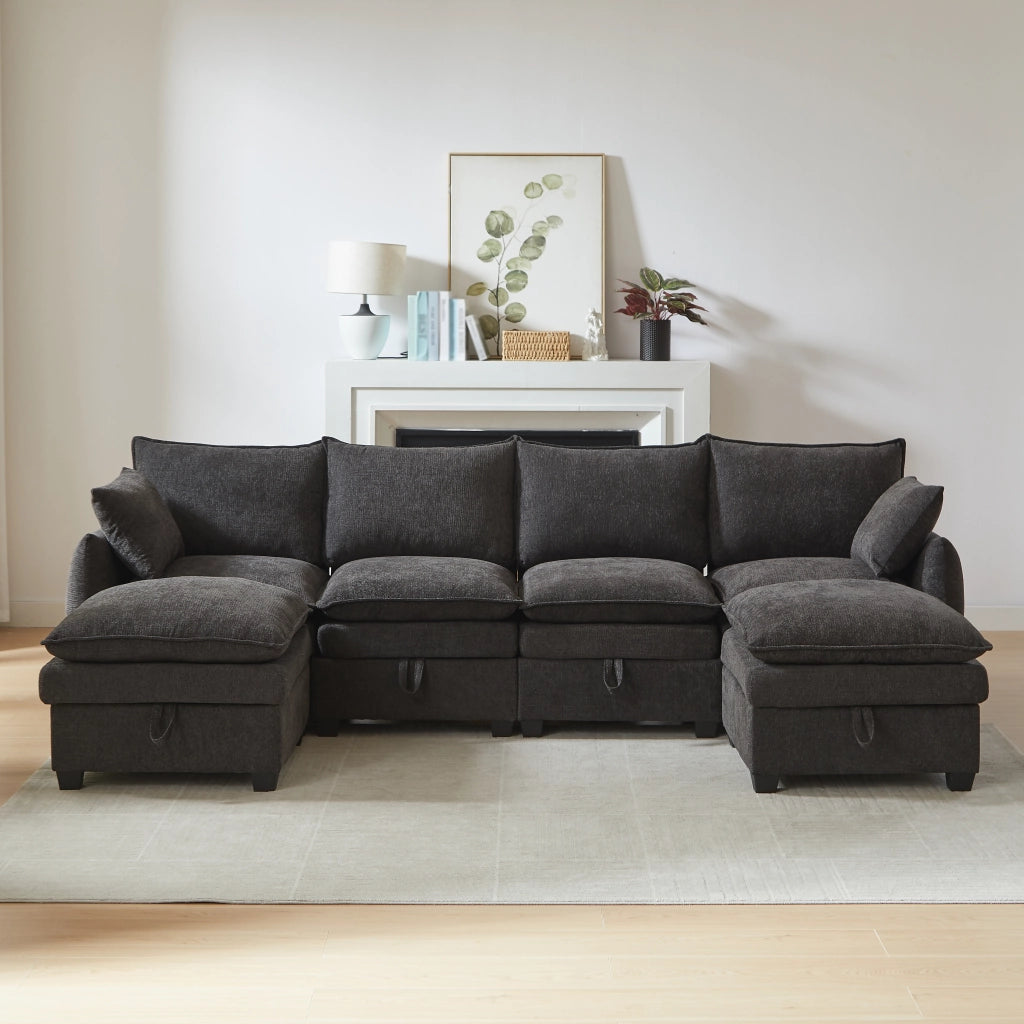 Divano U Modulare con Contenitore ¨C MINIMAL ¨C Chenille, Cuscini, Poggiapiedi, Legno Massello
