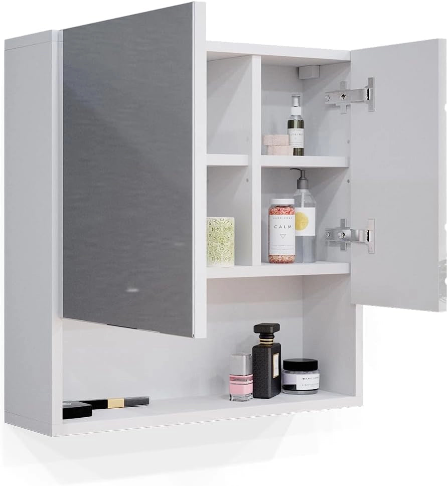 Specchio contenitore bagno Irma, Bianco lucido, 54 x 55 cm, per montaggio a parete con specchio e vani a giorno