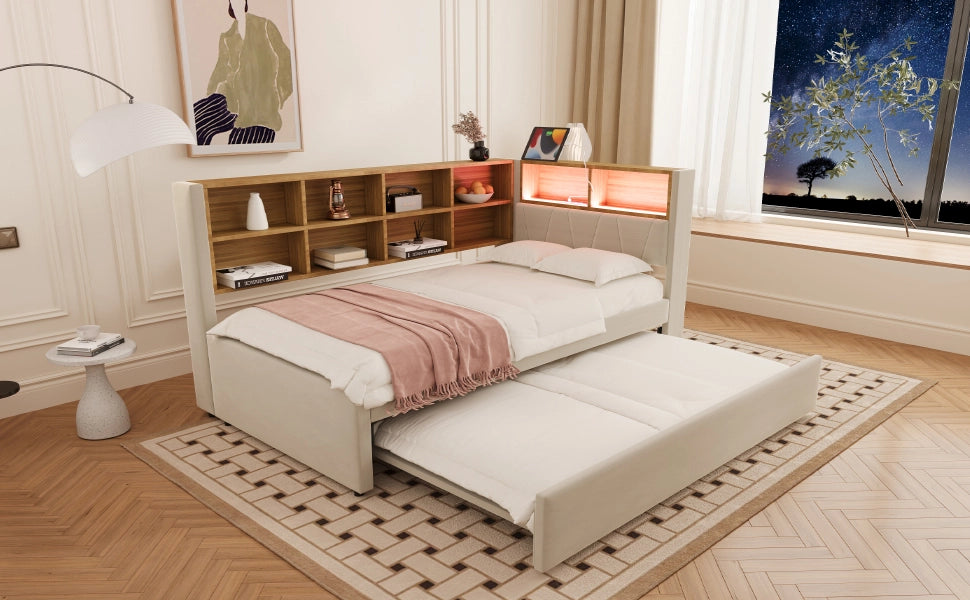DESMIU Divano letto 90 × 200 cm 2 posti con LED, USB, Type-C e prese, vano contenitore, senza materasso, beige