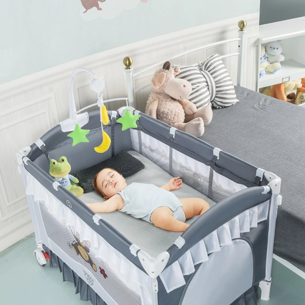 Doppio lettino portatile per bambino con tenda Yurta e ruote-Culla lettino per bimbi con zanzariera e giostra 110x78x200cm Grigio