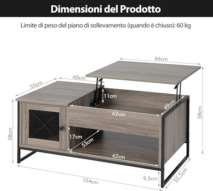 Tavolino da Salotto in Legno, Tavolino Basso Sollevabile con Scompartimento Nascosto, Tavolino da Divano Moderno per Soggiorno e Ufficio, 104 x 55 x 58 cm, Grigio