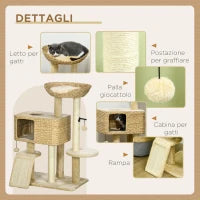 Albero Tiragraffi per Gatti con Casetta, Trespolo e Pallina, in Legno e Poliestere, 60x40x95 cm, Marrone e Beige