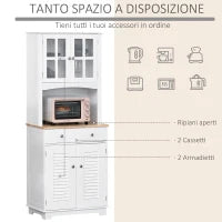 Credenza Alta per Cucina, Mobile Buffet in Legno Bianco, Armadio Dispensa in Stile Classico, Bianco, 68x39.5x170cm