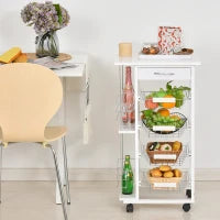 Carrello da Cucina Salvaspazio in Legno Bianco, Portavivande con 1 Piano di Lavoro 1 Cassetto e 4 Cestelli Metallici, 47x37x83cm