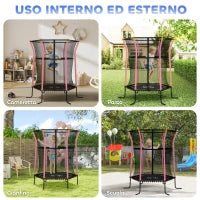 Tappeto Elastico per Bambini con Ingresso a Cerniera e Pali Imbottiti, in Acciaio, PP e EPE, Ø163.5x190 cm, Rosa