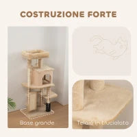 Albero per Gatti Multilivello Alto 104 cm con Casetta, Lettino, Pali Tiragraffi, Spazzola e Pallina, Beige