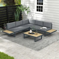 Set da Giardino 4 Pezzi in Alluminio con 2 Divanetti, Poltrona Angolare e Tavolino da Caffè, Grigio e Teak