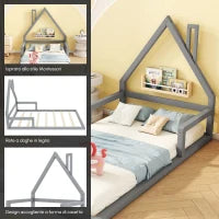 Letto Montessori a Forma di Casetta con Doghe in Legno, Letto per Cameretta per Bambini 4+ Anni, Senza Materasso, 90x200 cm, Grigio