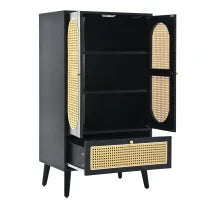 Credenza Moderna e Compatte in Rattan, con 2 Ante e 1 Cassetto, per Soggiorno e Sala da Pranzo, 60×40×110.5 cm, Nero