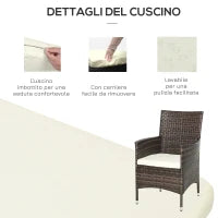 Set Mobili da Giardino Rattan Set Arredamento Giardino 3pz Tavolo con 2 Sedie con Cuscini Marrone