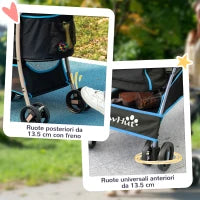 Passeggino per Cani Convertibile con 2 Guinzagli e Cuscino, in Acciaio e Poliestere, 82x49.5x98 cm, Azzurro e Nero