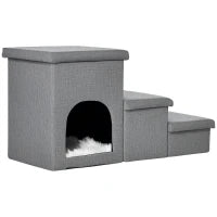 Scaletta per Cani e Gatti 10kg max a 3 Gradini con Casetta per Cani e Spazio Portaoggetti, 73.5x33x40.5 cm, Grigio