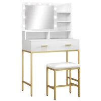 Mobile Toeletta con Specchio, 2 Cassetti, 5 Ripiani e Sgabello, in MDF e Truciolato, 80x40x138 cm, Bianco