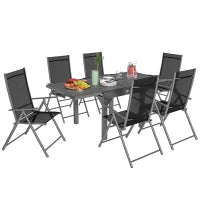 Set da Giardino 7 Pezzi con 6 Sedie Pieghevoli e Tavolo Allungabile, in Acciaio, Alluminio e Rete Grigio e Nero