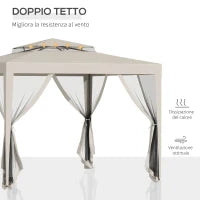 Gazebo da Giardino 3x3m con Zanzariera, Doppio Tetto e Telaio in Metallo, Beige