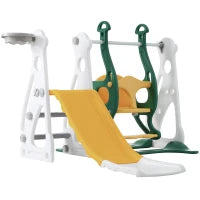 Scivolo per bambini 4-in-1 con altalena, scala e canestro da basket, regolabile in altezza, facile da montare, 113×100×94,5 cm,Verde Antico