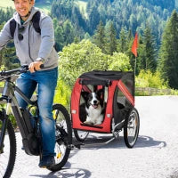 Rimorchio Bici per Cani, 8 Riflettori, Bandierina, Barra Traino Inclusa, Acciaio e Poliestere Impermeabile, Max. 30 Kg, 130L x 73l x 90H cm, Rosso