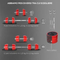 Set 2 in 1 Bilanciere e Manubri Pesi da 20kg, Dischi con Rivestimento in Plastica Antigraffio, Rosso e Nero