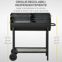 Barbecue in Acciaio con 2 Griglie Indipendenti, 2 Ruote e Ripiano Inferiore | Nero | 90cm x 45cm x 96cm