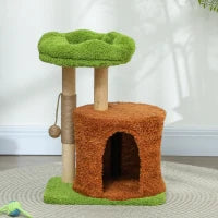 Albero Tiragraffi per Gatti con Casetta, Lettino e Pallina Giocattolo, in Legno e Peluche, 44x33x61 cm, Verde