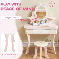 Set Toeletta con Specchio e Sgabello in Legno 2 in 1 per Bambini con 7 Accessori Inclusi, Rosa