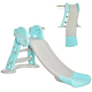 Scivolo per Bambini da 18 Mesi Pieghevole con 3 Scalini e Canestro Basket, 140x87x75cm, Blu e Grigio