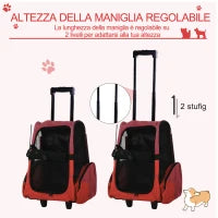 Trasportino Zaino 2 in 1 per Cani e Gatti con Tasche Laterali, Maniglia Telescopica e Ruote, 42x25x55cm, Rosso