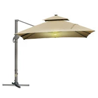 Ombrellone Spostabile LED Quadrato a Doppio Tetto Inclinabile e Girevole a 360° con Manovella e Base in Acciaio, Dim, 3 L x 3 L x 2,66 H M, Beige