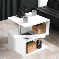 Tavolino Basso Da Salotto, Tavolino da Salotto Bianco, Design Moderno, Superficie Ampia, Due Ripiani, Forma S, in Legno e Ferro, 50 x 50 x 50cm, Bianco