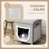 Casetta per Gatti con Tiragraffi, Cuscino e Pallina, in Legno e Poliestere, 35.5x35.5x42.5 cm, Crema e Grigio