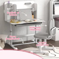 Set Scrivania e Sedia per Bambini Regolabili, Banco Scuola con Piano Inclinabile, Cassetto, Scaffale, Grigio