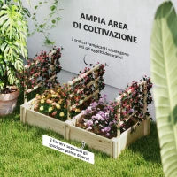 Letto per Orto con 3 Tralicci e 2 Fioriere in Legno di Abete con Fondo Aperto, 119x62.5x64 cm, color Legno