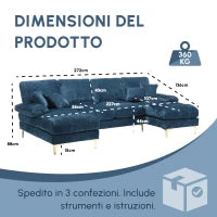 Divano componibile moderno grande in Chenille a forma di U, con Doppi Sedili Reclinabili,  Blu