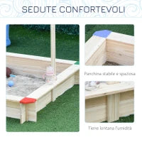 Sabbiera per Bambini in Legno con Panca e Tettuccio Parasole Regolabile, 120x120x120cm, Colore Legno e Blu