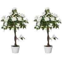 Set 2 Alberelli di Rose Finte Alte 90cm con 21 Fiori e Vaso, Bianco e Verde