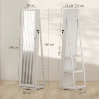 Specchio Portagioie Girevole per Camera da Letto con 2 Chiavi, in Legno Bianco e Vetro, 38x38x160 cm