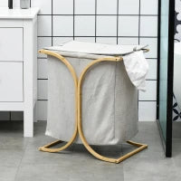 Portabiancheria a 2 Cesti con Coperchio in Bambù e Poliestere, 55x40x62 cm, Grigio e color Legno