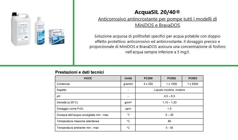 Acquasil 20/40 PC002 bottiglia da 1kg anticalcare Acqua Brevetti MiniDOS e BravaDOS 