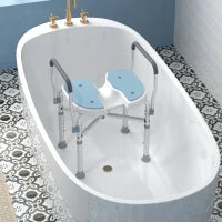 Sgabello da Doccia con Seduta Scanalata e Braccioli, Altezza Regolabile e Piedini Antiscivolo, Azzurro